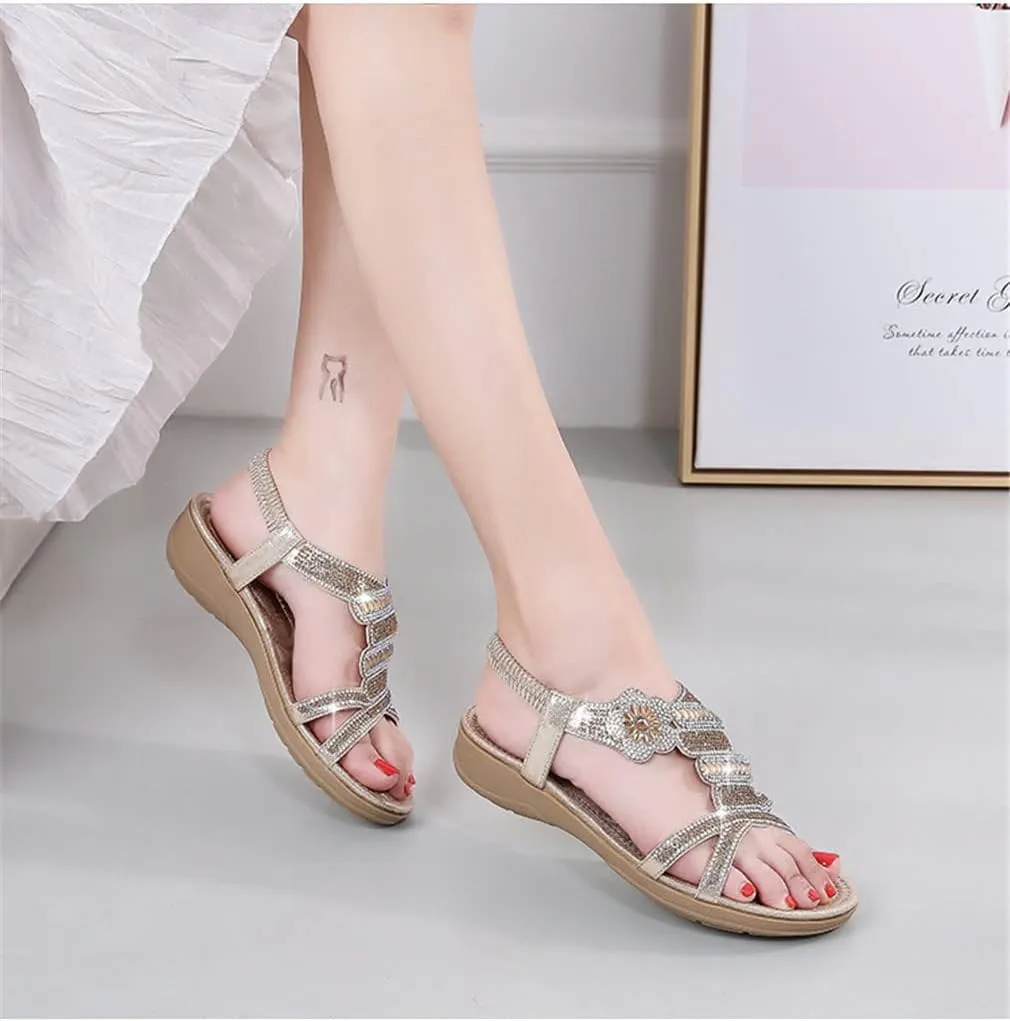 Women's Flat Sandals Summer Beach Sandal T-Strap Rhinestone Beaded Bohemia Shoes