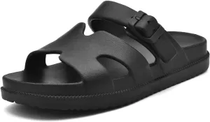 Women's Flat Sandals with Arch Support, Summer Beach Slides Adjustable Buckle, Comfort Lightweight Cushion Slip on H-Strap Sandal