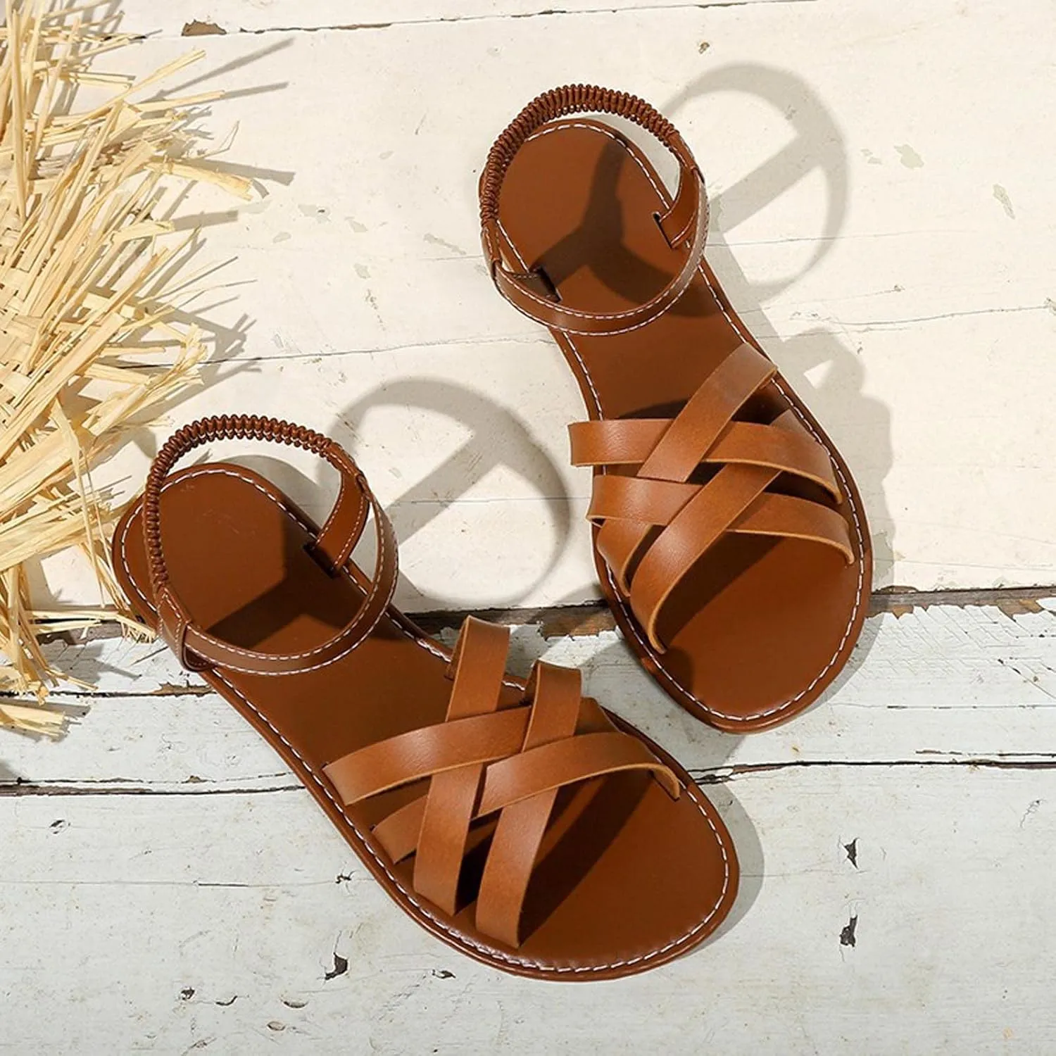 Women's Flat Sandals with Crisscross Straps Comfortable Open Toe Beach Elastic Strap Sandal Casual Summer Footwear