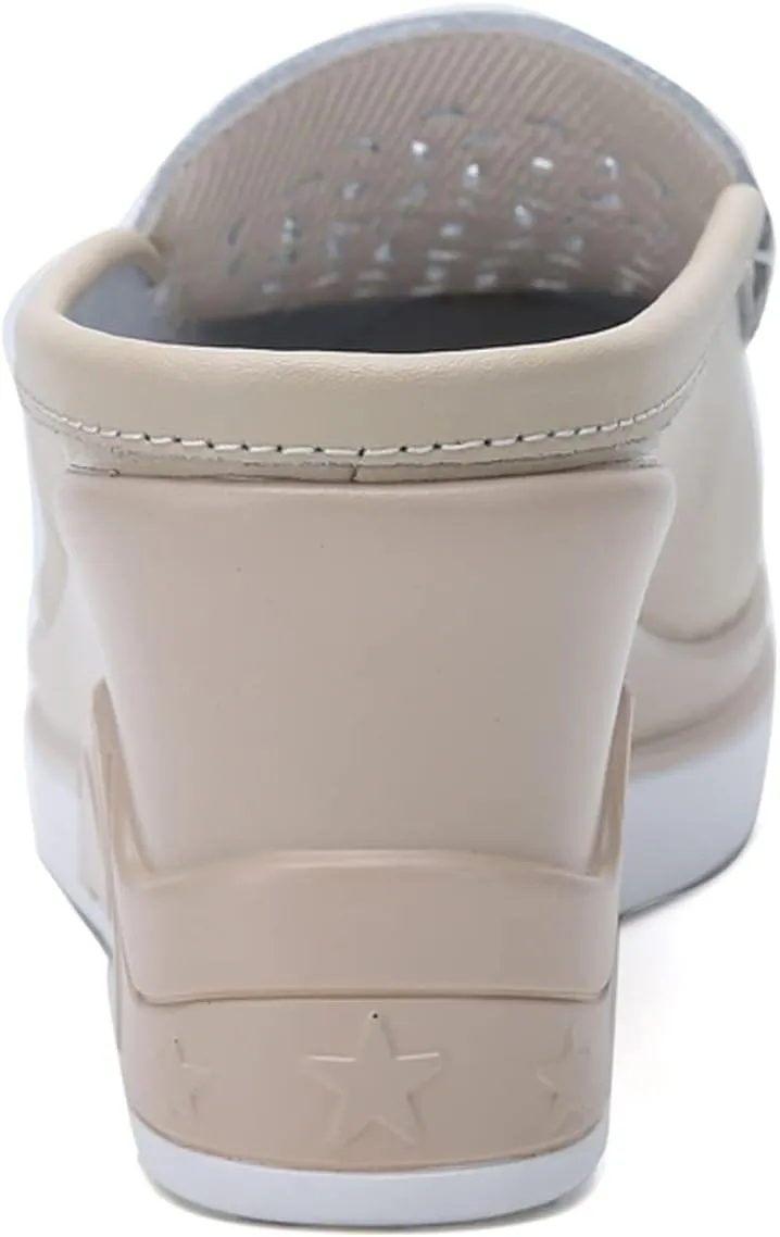 Women's Genuine Leather Hollow Out Platform Backless Mules Sandals,Breathable Comfortable Slip On Nurses Shoes Elegant Wedge Walking Sandals