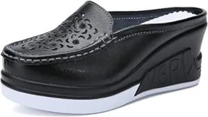 Women's Genuine Leather Hollow Out Platform Backless Mules Sandals,Breathable Comfortable Slip On Nurses Shoes Elegant Wedge Walking Sandals