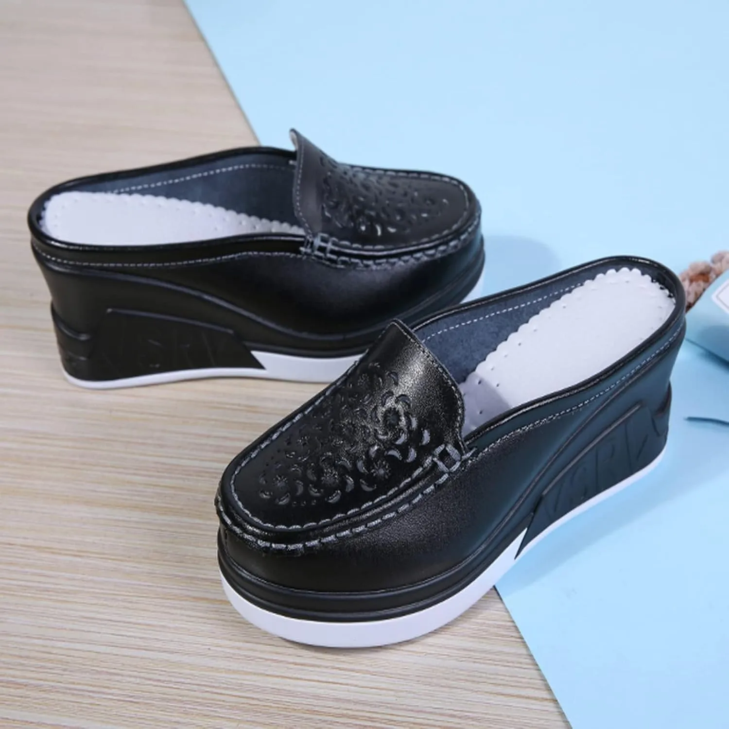 Women's Genuine Leather Hollow Out Platform Backless Mules Sandals,Breathable Comfortable Slip On Nurses Shoes Elegant Wedge Walking Sandals