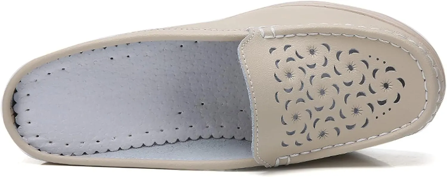 Women's Genuine Leather Hollow Out Platform Backless Mules Sandals,Breathable Comfortable Slip On Nurses Shoes Elegant Wedge Walking Sandals