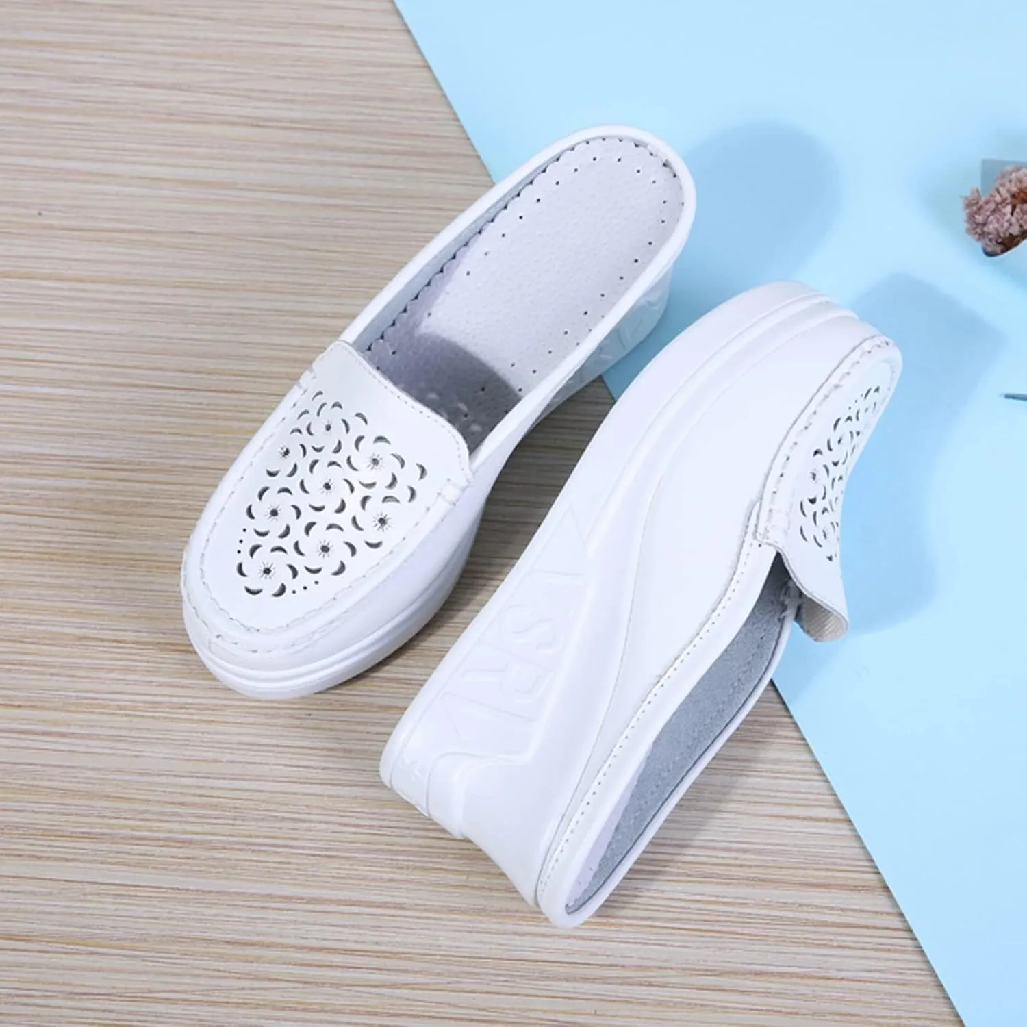 Women's Genuine Leather Hollow Out Platform Backless Mules Sandals,Breathable Comfortable Slip On Nurses Shoes Elegant Wedge Walking Sandals