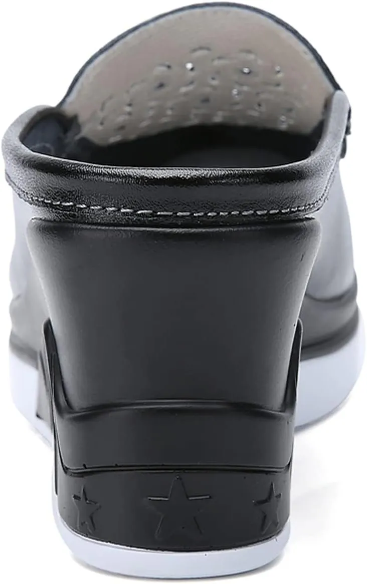 Women's Genuine Leather Hollow Out Platform Backless Mules Sandals,Breathable Comfortable Slip On Nurses Shoes Elegant Wedge Walking Sandals