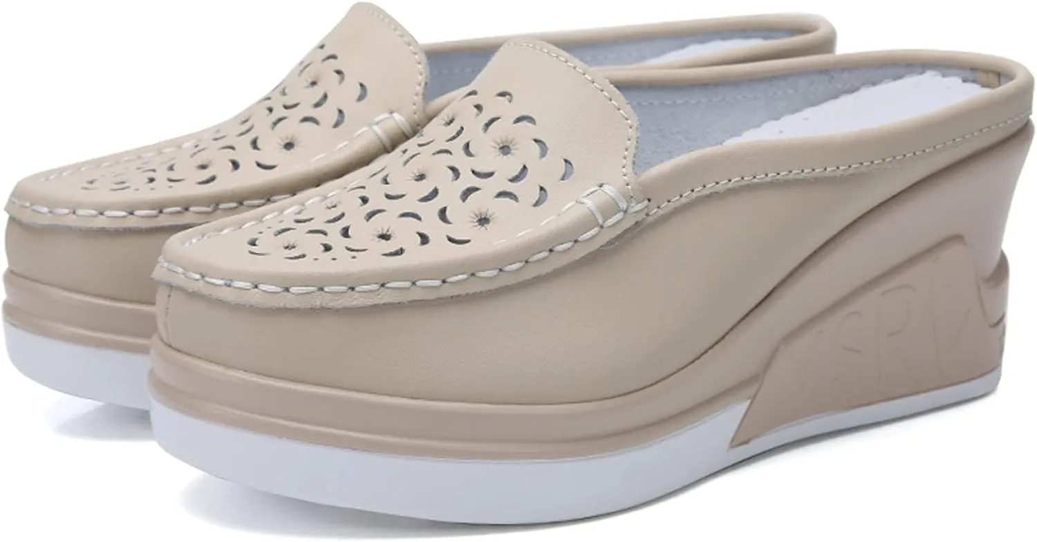 Women's Genuine Leather Hollow Out Platform Backless Mules Sandals,Breathable Comfortable Slip On Nurses Shoes Elegant Wedge Walking Sandals