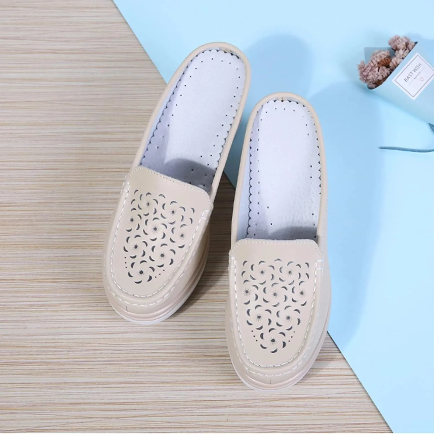 Women's Genuine Leather Hollow Out Platform Backless Mules Sandals,Breathable Comfortable Slip On Nurses Shoes Elegant Wedge Walking Sandals