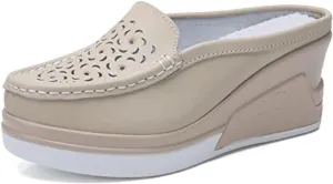 Women's Genuine Leather Hollow Out Platform Backless Mules Sandals,Breathable Comfortable Slip On Nurses Shoes Elegant Wedge Walking Sandals
