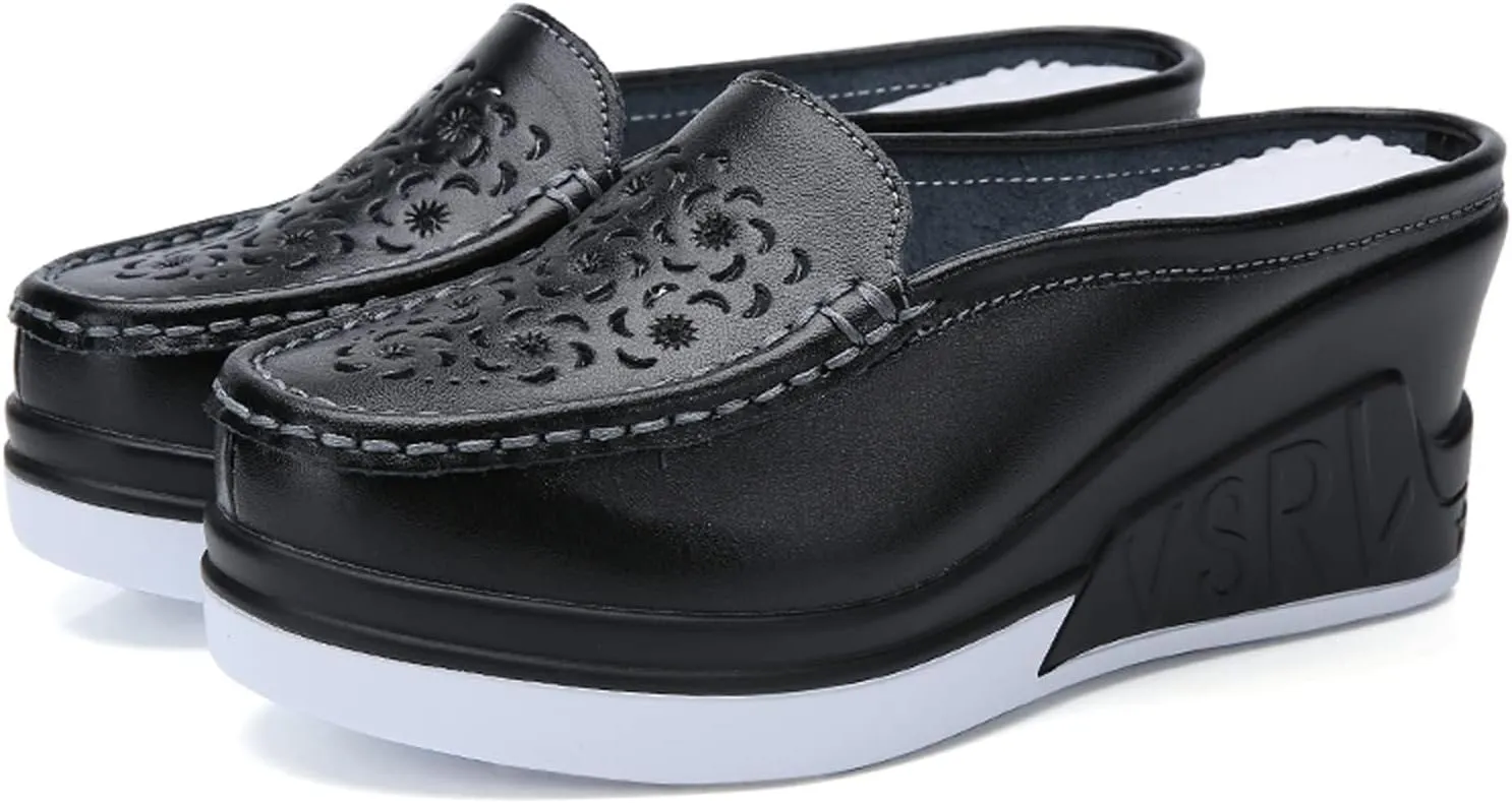 Women's Genuine Leather Hollow Out Platform Backless Mules Sandals,Breathable Comfortable Slip On Nurses Shoes Elegant Wedge Walking Sandals