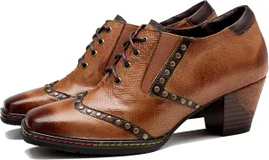 Women's Handmade Lambskin Oxford Loafers Shoes with Retro Ethnic Printed Style, Brock Design for Casual and Fashion Collegiate Style