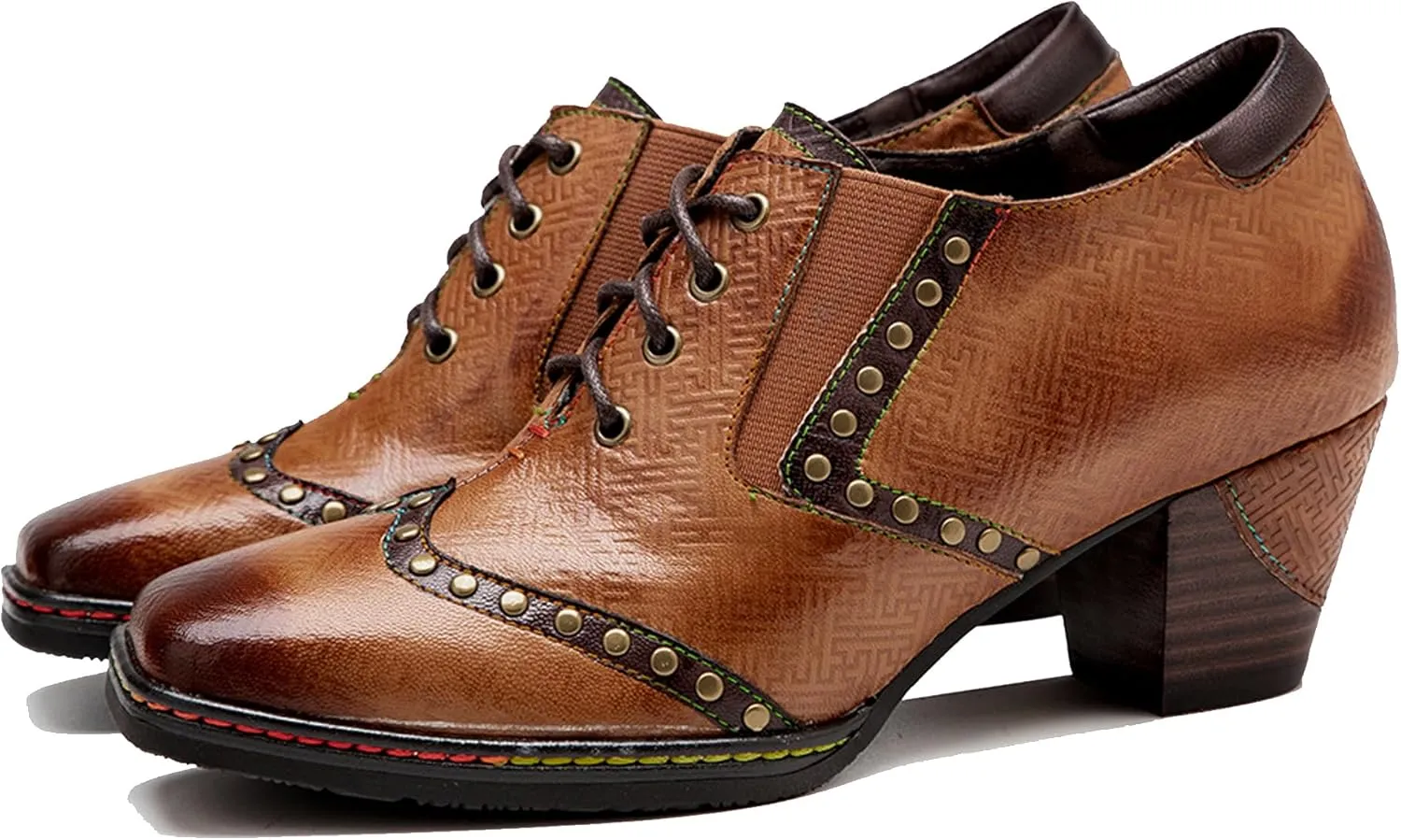Women's Handmade Lambskin Oxford Loafers Shoes with Retro Ethnic Printed Style, Brock Design for Casual and Fashion Collegiate Style