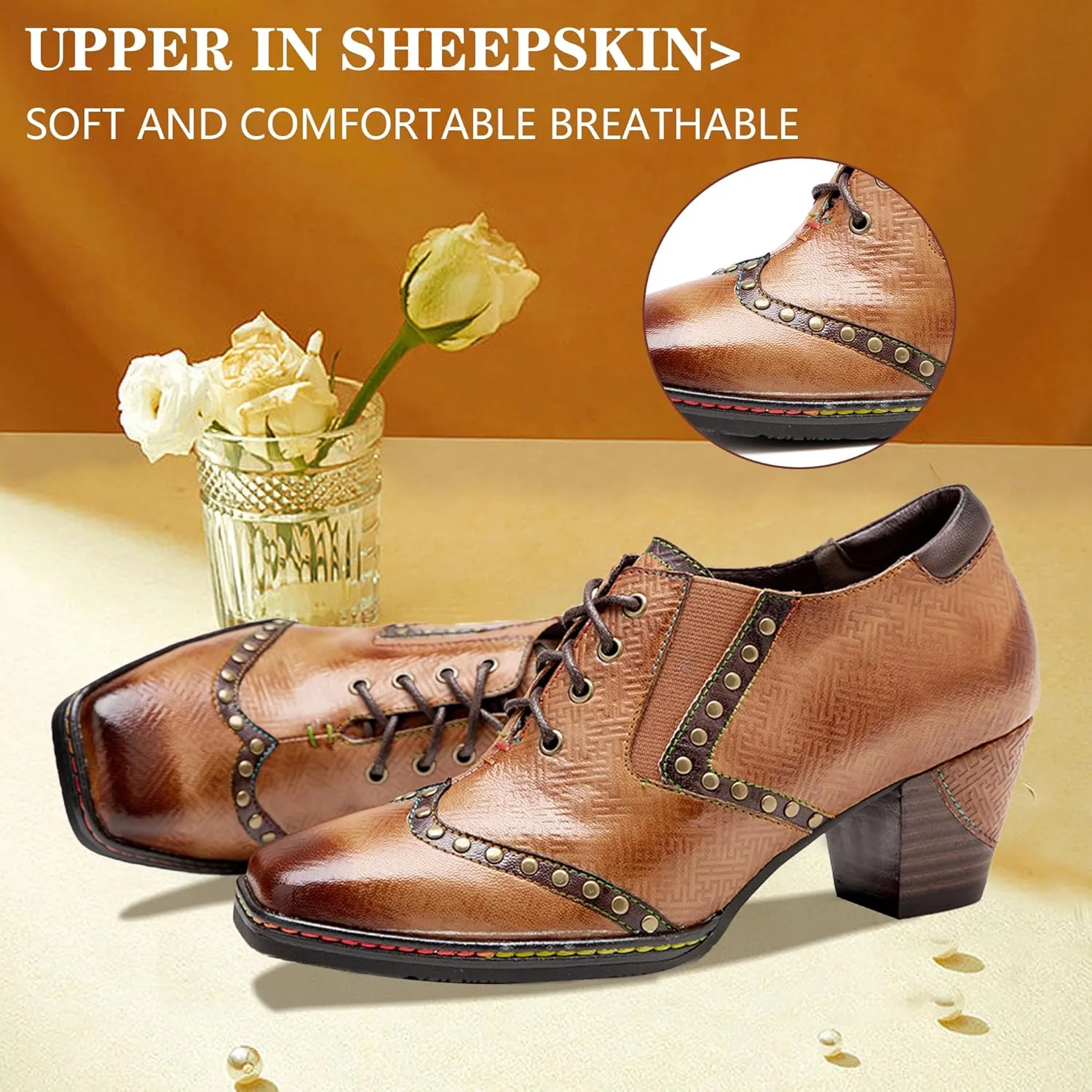 Women's Handmade Lambskin Oxford Loafers Shoes with Retro Ethnic Printed Style, Brock Design for Casual and Fashion Collegiate Style