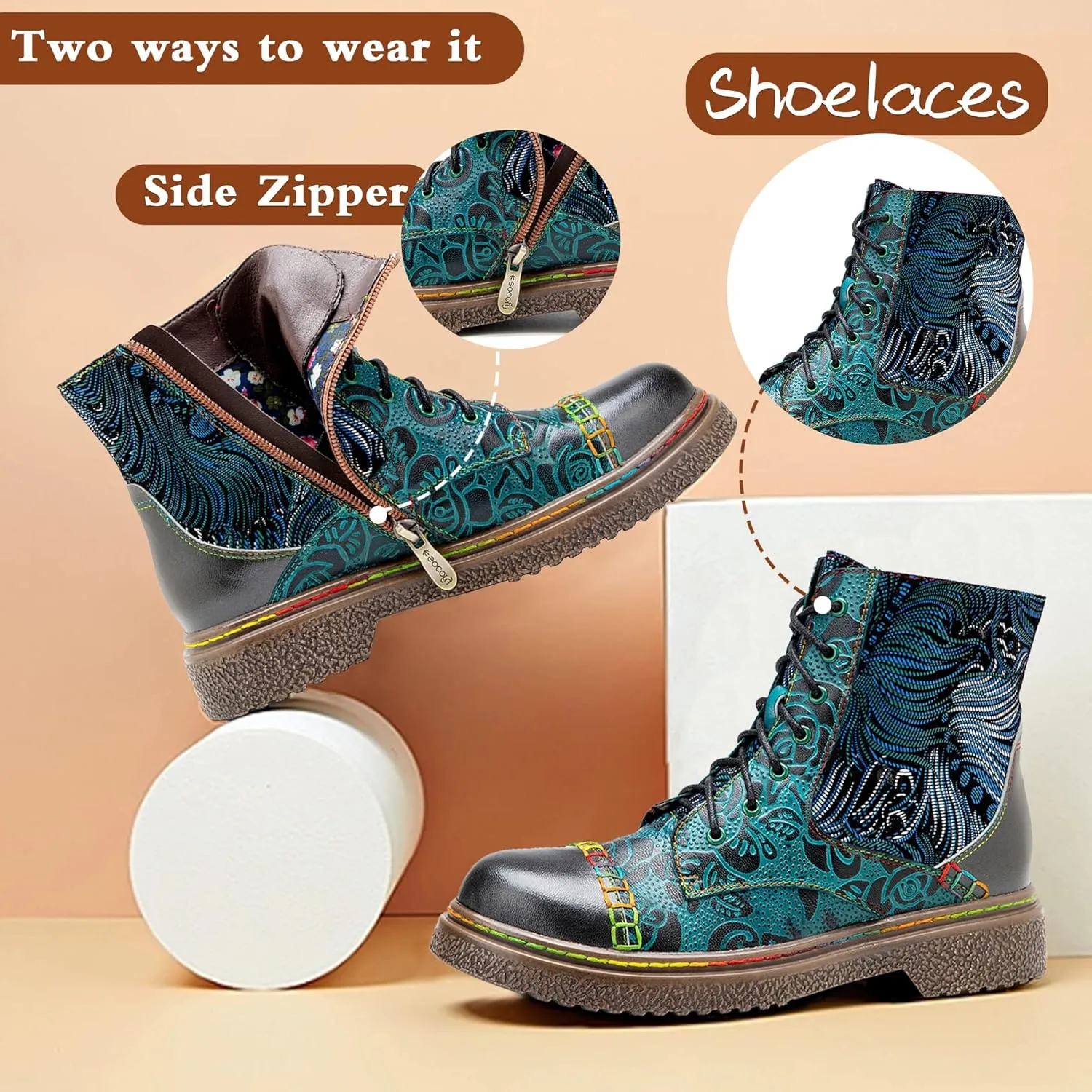 Women's Handmade Retro Lambskin High Heel Boots, Colorful Painting, Metallic Style - Fashion, Comfortable, Durable, Unique Minority Style