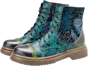 Women's Handmade Retro Lambskin High Heel Boots, Colorful Painting, Metallic Style - Fashion, Comfortable, Durable, Unique Minority Style