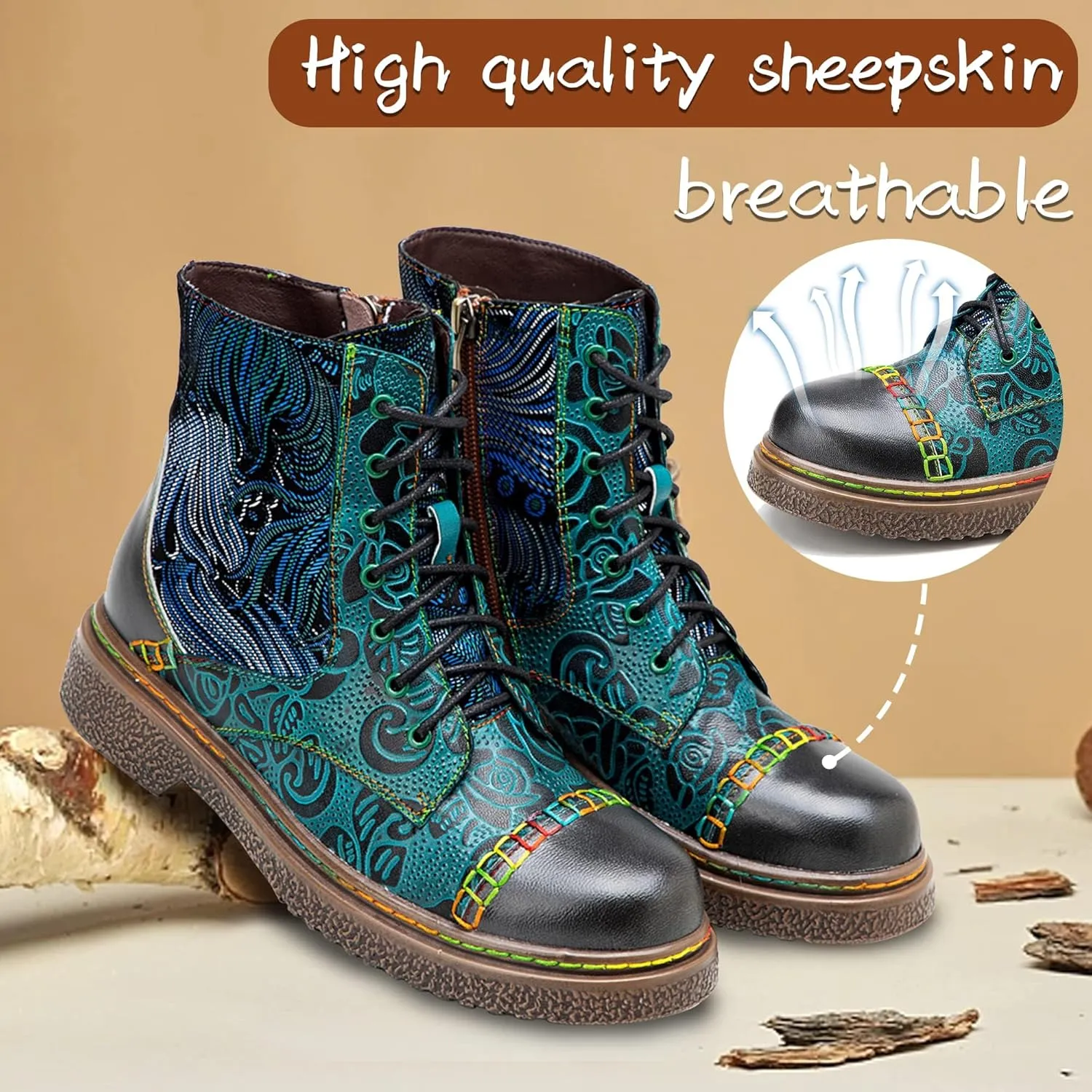Women's Handmade Retro Lambskin High Heel Boots, Colorful Painting, Metallic Style - Fashion, Comfortable, Durable, Unique Minority Style