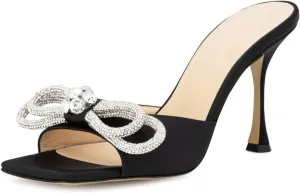 Women's Heeled Sandals Double Rhinestones Bow Satin Mules Square Open Toe Slip on Stilettos Clear Heels Wedding Party Dress Shoes