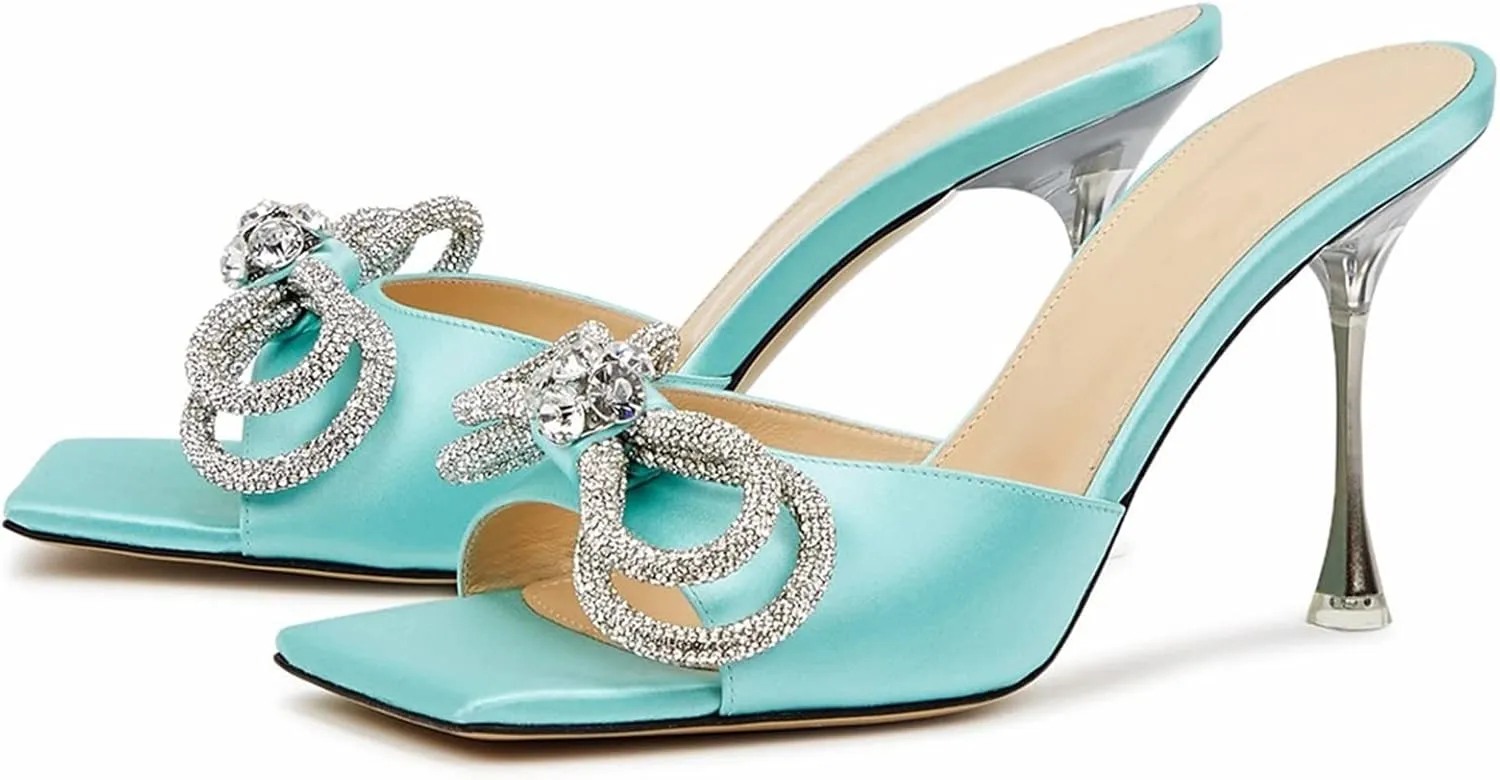 Women's Heeled Sandals Double Rhinestones Bow Satin Mules Square Open Toe Slip on Stilettos Clear Heels Wedding Party Dress Shoes