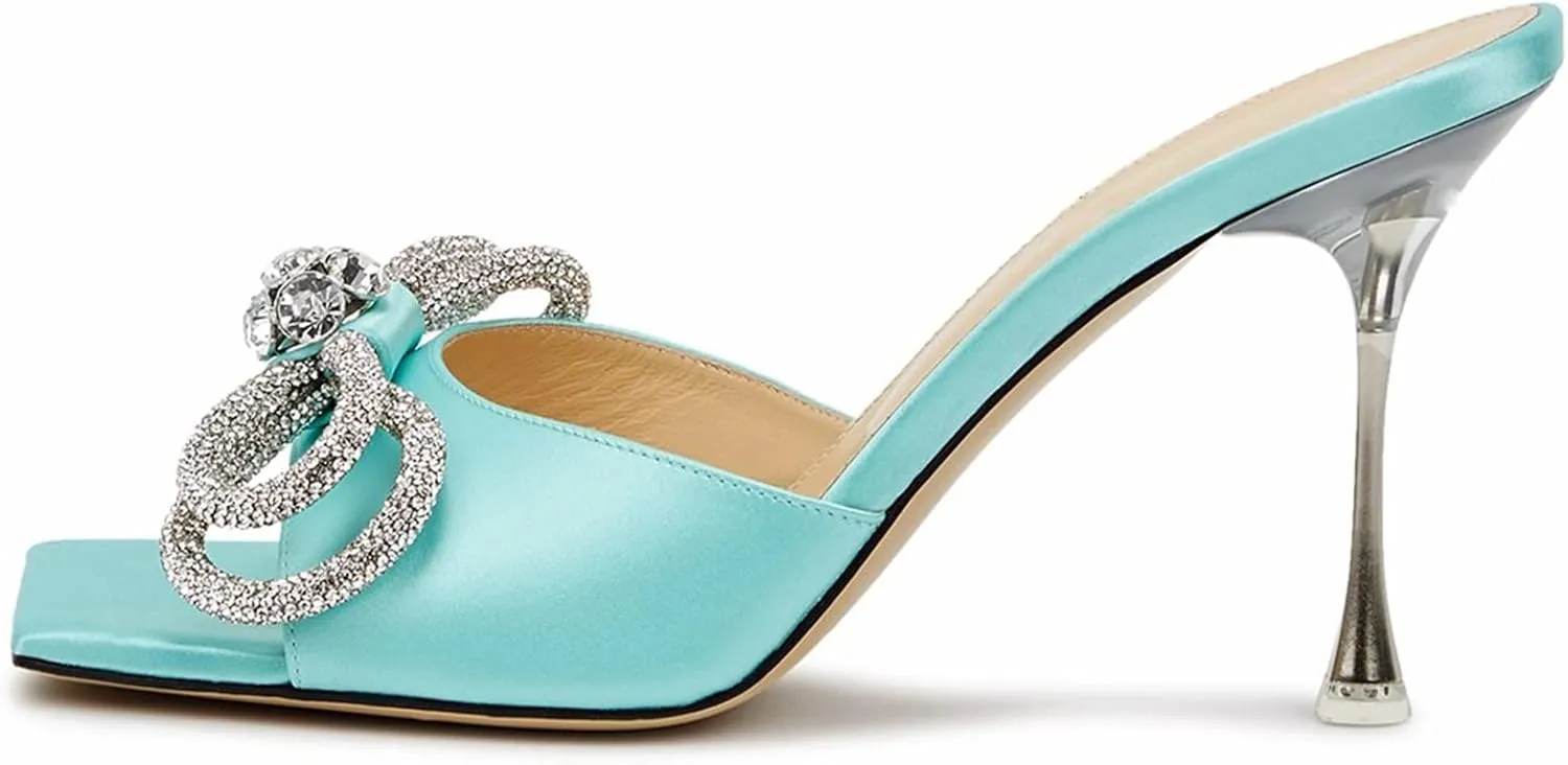 Women's Heeled Sandals Double Rhinestones Bow Satin Mules Square Open Toe Slip on Stilettos Clear Heels Wedding Party Dress Shoes