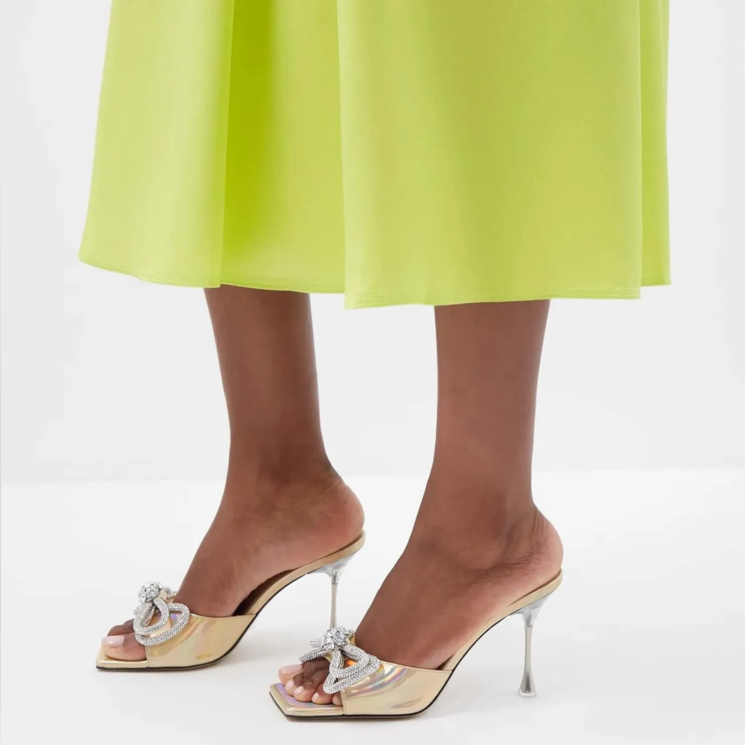 Women's Heeled Sandals Double Rhinestones Bow Satin Mules Square Open Toe Slip on Stilettos Clear Heels Wedding Party Dress Shoes