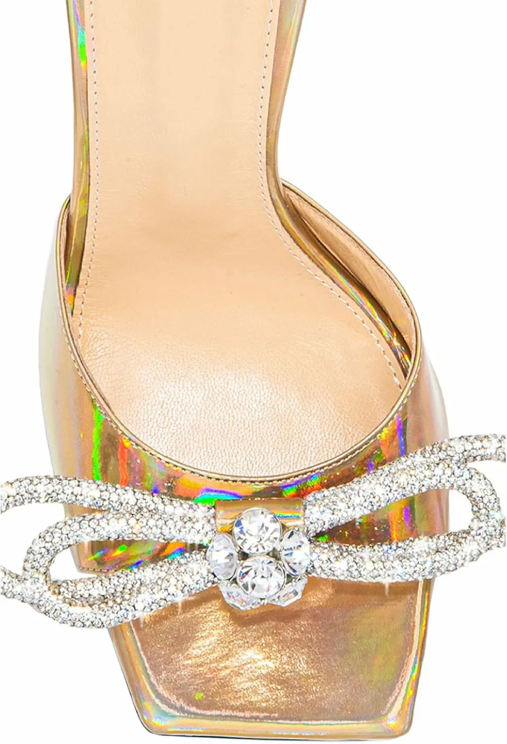 Women's Heeled Sandals Double Rhinestones Bow Satin Mules Square Open Toe Slip on Stilettos Clear Heels Wedding Party Dress Shoes