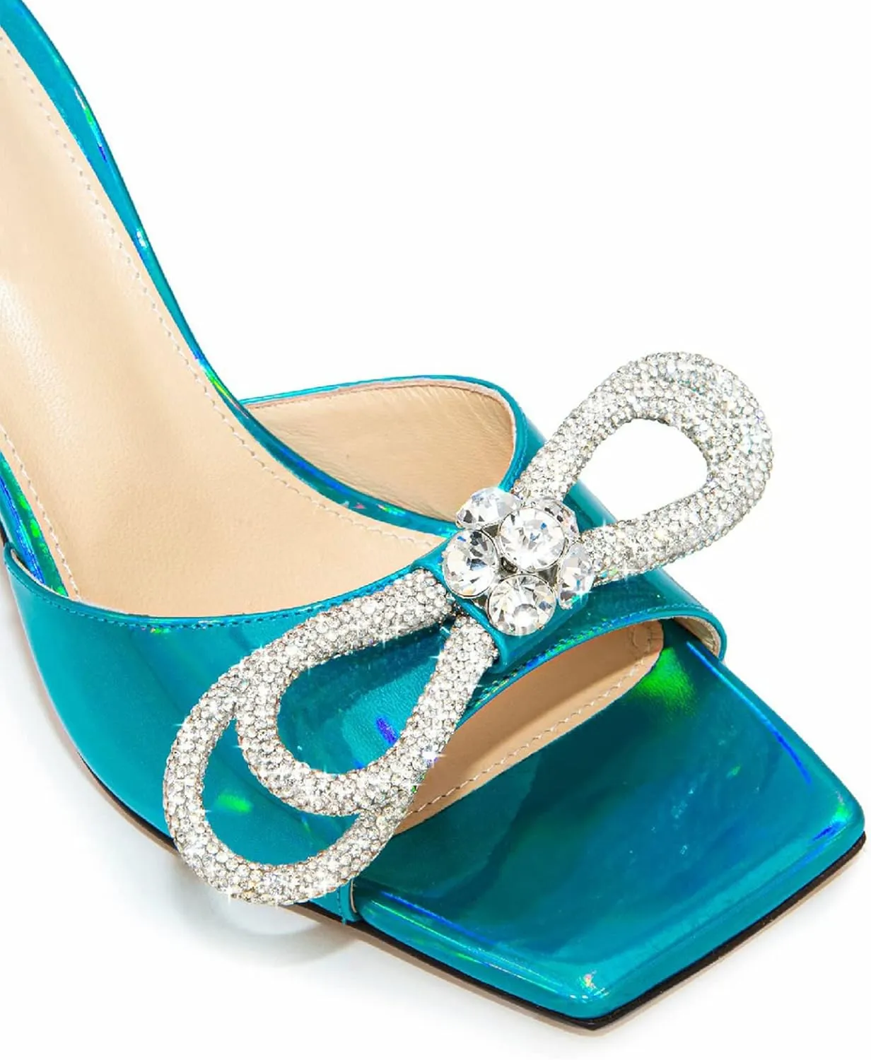 Women's Heeled Sandals Double Rhinestones Bow Satin Mules Square Open Toe Slip on Stilettos Clear Heels Wedding Party Dress Shoes