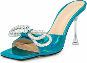 Women's Heeled Sandals Double Rhinestones Bow Satin Mules Square Open Toe Slip on Stilettos Clear Heels Wedding Party Dress Shoes