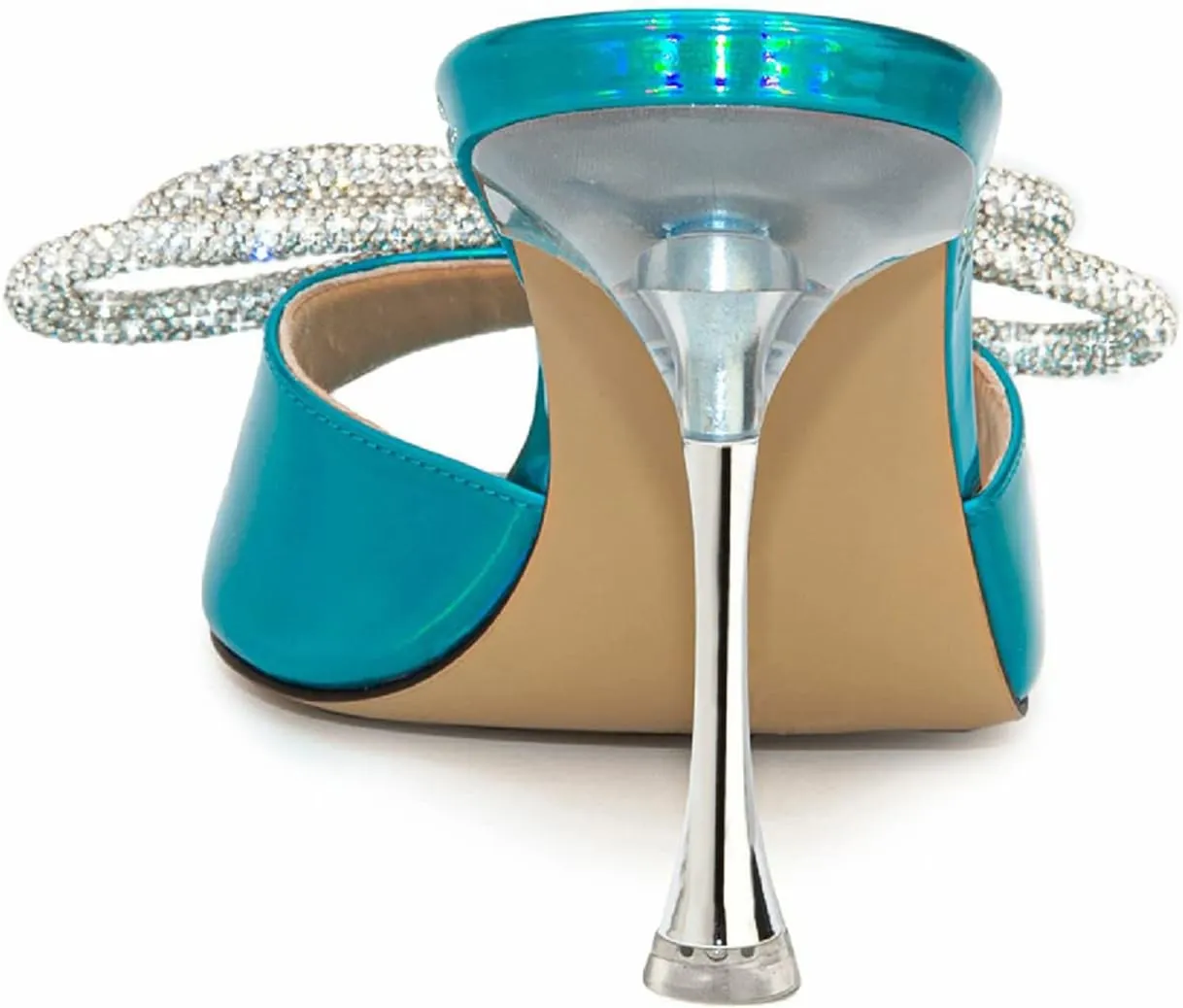 Women's Heeled Sandals Double Rhinestones Bow Satin Mules Square Open Toe Slip on Stilettos Clear Heels Wedding Party Dress Shoes