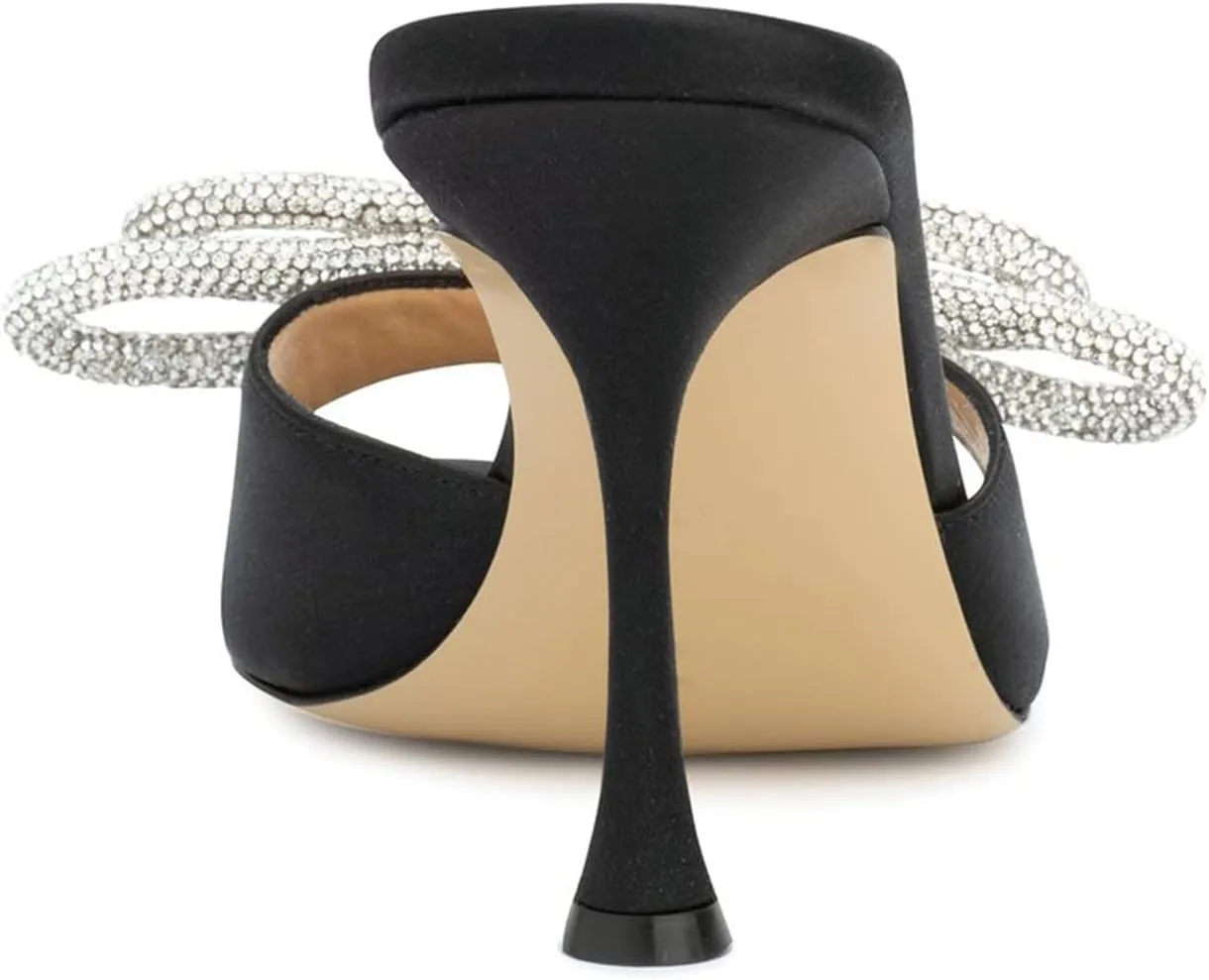 Women's Heeled Sandals Double Rhinestones Bow Satin Mules Square Open Toe Slip on Stilettos Clear Heels Wedding Party Dress Shoes