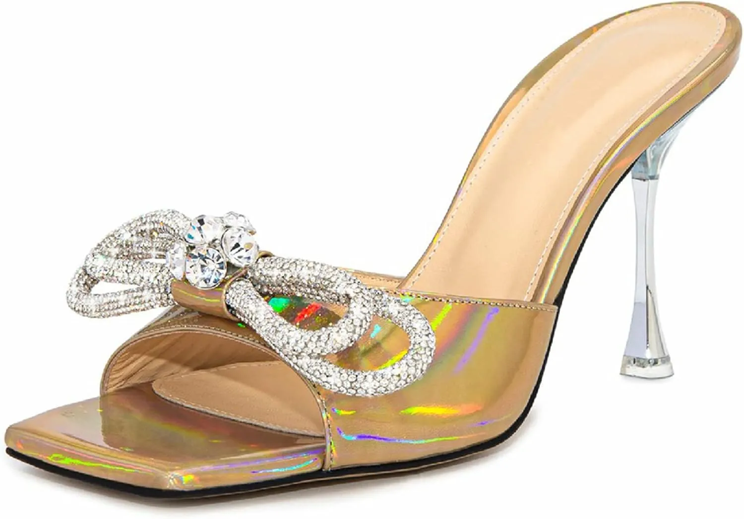 Women's Heeled Sandals Double Rhinestones Bow Satin Mules Square Open Toe Slip on Stilettos Clear Heels Wedding Party Dress Shoes