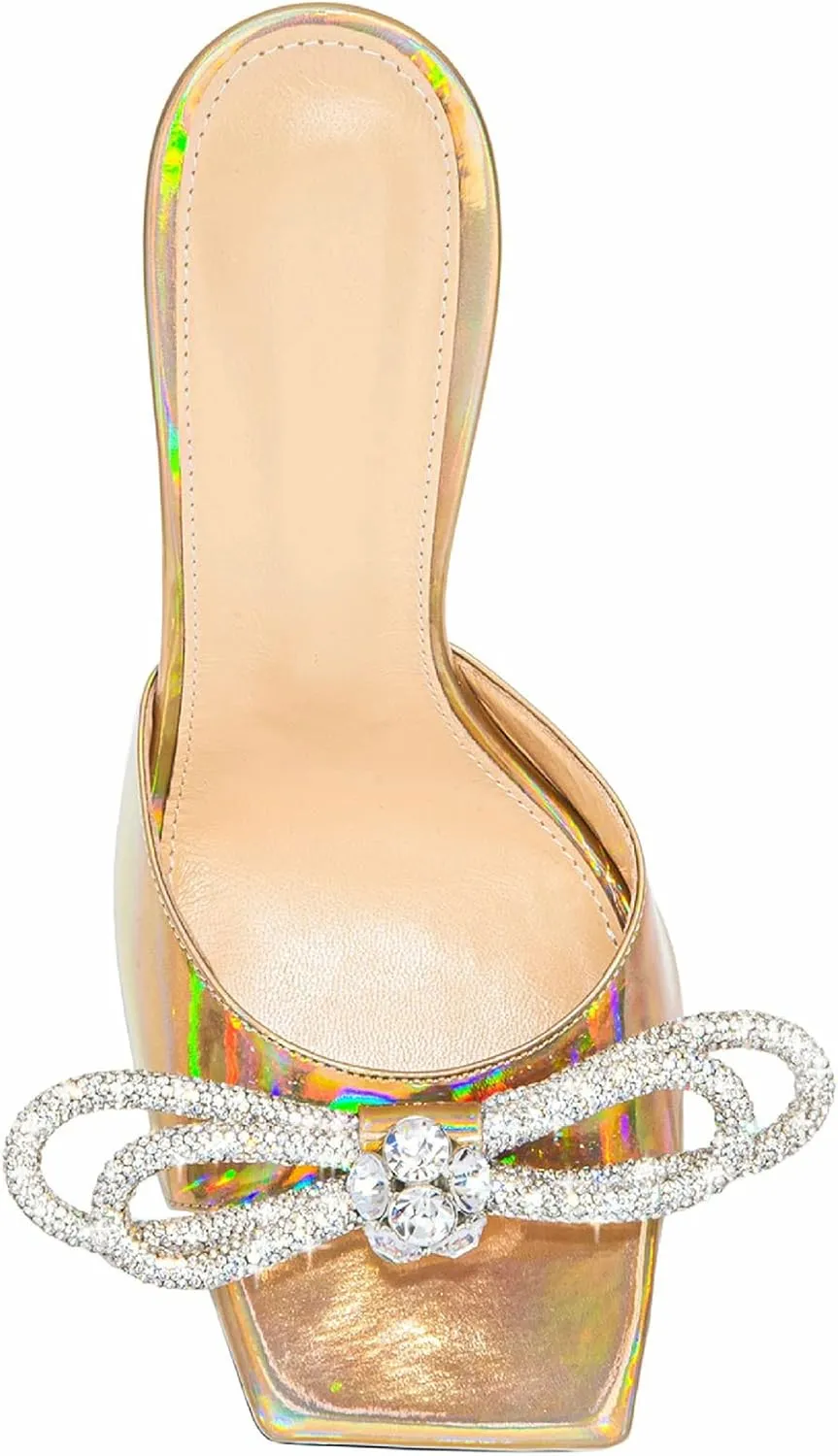 Women's Heeled Sandals Double Rhinestones Bow Satin Mules Square Open Toe Slip on Stilettos Clear Heels Wedding Party Dress Shoes