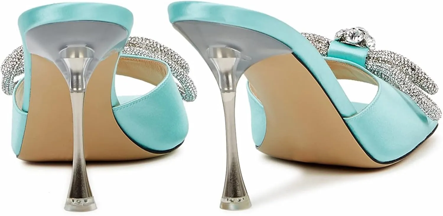 Women's Heeled Sandals Double Rhinestones Bow Satin Mules Square Open Toe Slip on Stilettos Clear Heels Wedding Party Dress Shoes