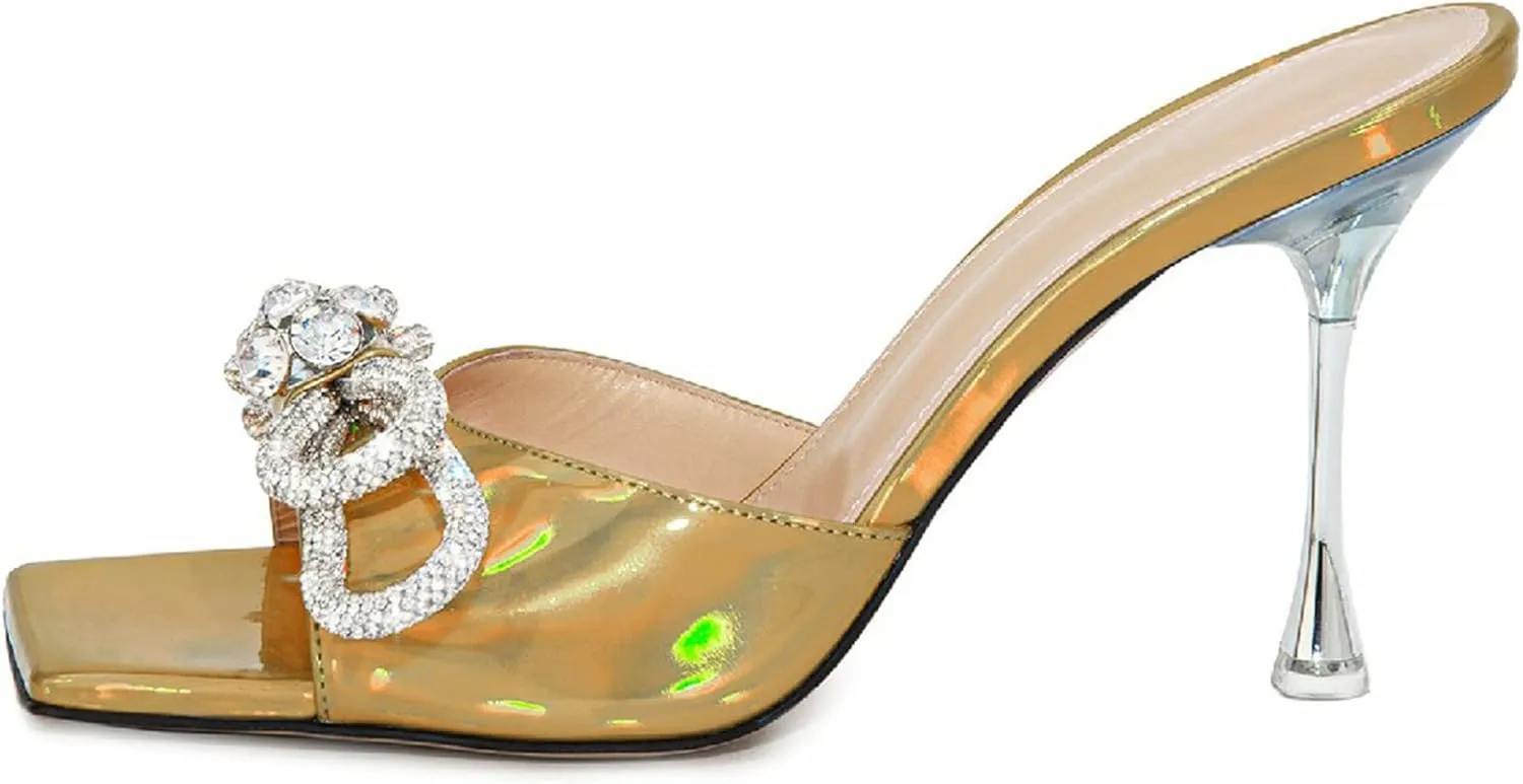 Women's Heeled Sandals Double Rhinestones Bow Satin Mules Square Open Toe Slip on Stilettos Clear Heels Wedding Party Dress Shoes