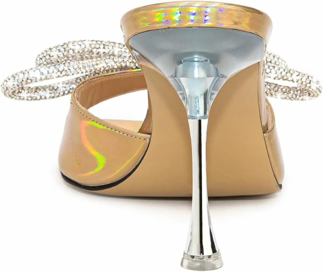 Women's Heeled Sandals Double Rhinestones Bow Satin Mules Square Open Toe Slip on Stilettos Clear Heels Wedding Party Dress Shoes