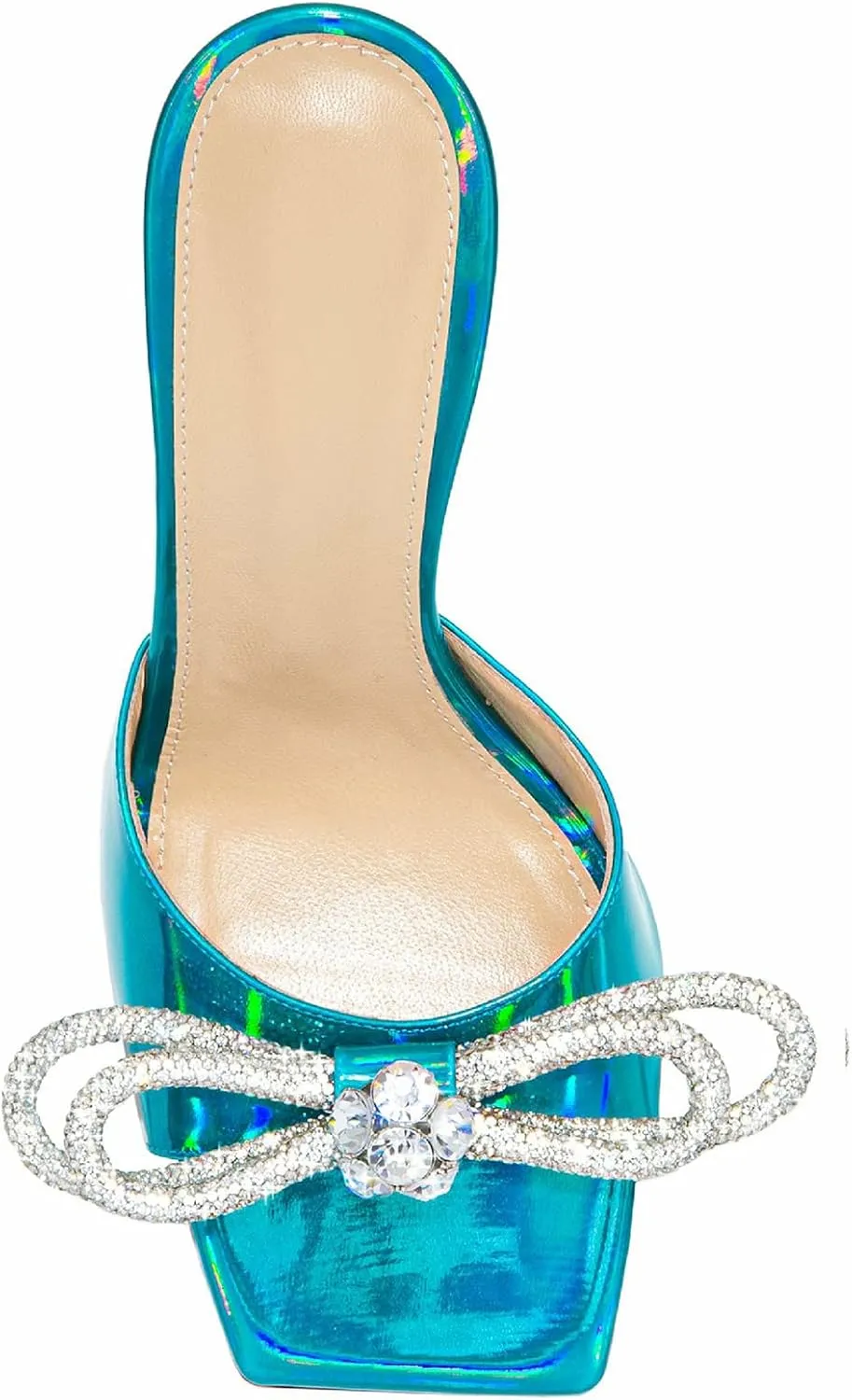 Women's Heeled Sandals Double Rhinestones Bow Satin Mules Square Open Toe Slip on Stilettos Clear Heels Wedding Party Dress Shoes