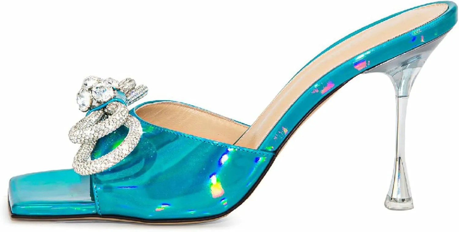Women's Heeled Sandals Double Rhinestones Bow Satin Mules Square Open Toe Slip on Stilettos Clear Heels Wedding Party Dress Shoes