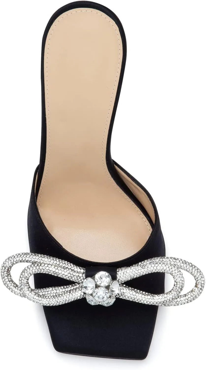 Women's Heeled Sandals Double Rhinestones Bow Satin Mules Square Open Toe Slip on Stilettos Clear Heels Wedding Party Dress Shoes