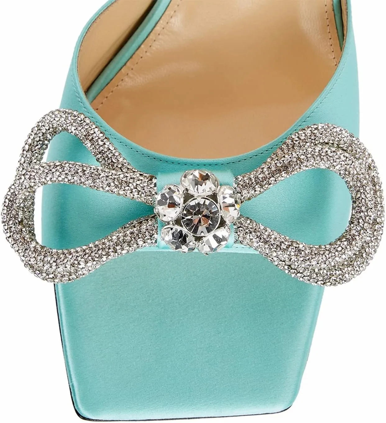 Women's Heeled Sandals Double Rhinestones Bow Satin Mules Square Open Toe Slip on Stilettos Clear Heels Wedding Party Dress Shoes