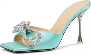 Women's Heeled Sandals Double Rhinestones Bow Satin Mules Square Open Toe Slip on Stilettos Clear Heels Wedding Party Dress Shoes