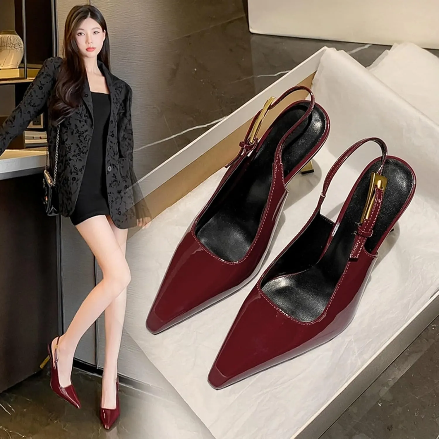 Women's High Heel Sandals Patent leather Needle Buckle Shallow Mouth Sexy Fashion Banquet Shoes