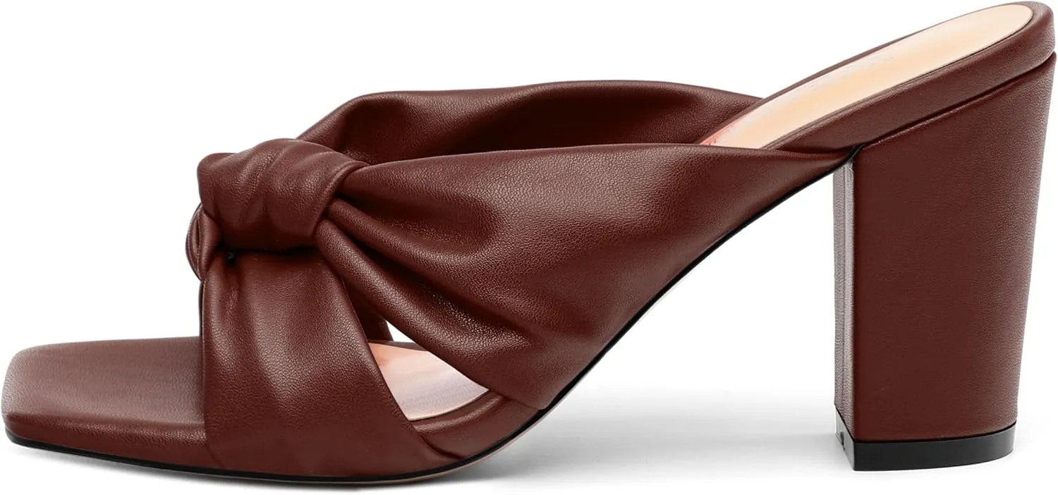 Women's High Heeled Square Toe Slip On Sandals, Puffy Knot Chunky Heel Open Toe Sandals for women, Summer Party Prom Shoes