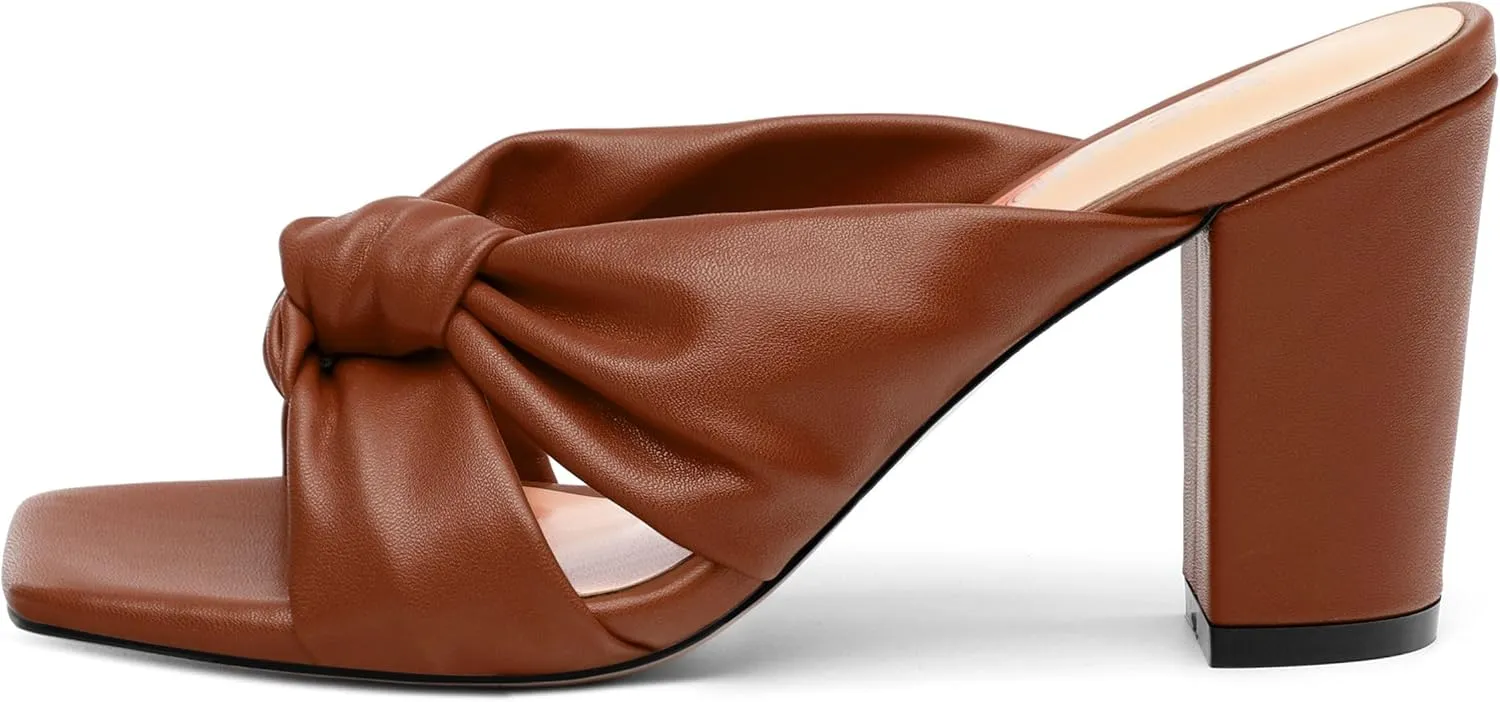 Women's High Heeled Square Toe Slip On Sandals, Puffy Knot Chunky Heel Open Toe Sandals for women, Summer Party Prom Shoes
