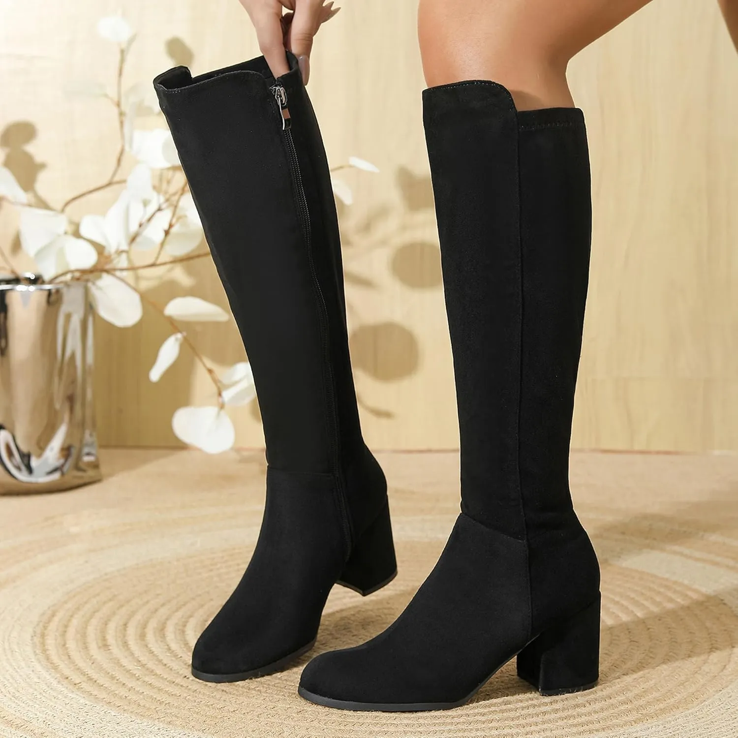 Women's Knee High Boots,Round Toe Stretchy Fashion Boots for Women, Low Block Heel Zipper Tall Boots for Wedding/Birthday Party/Date Dress