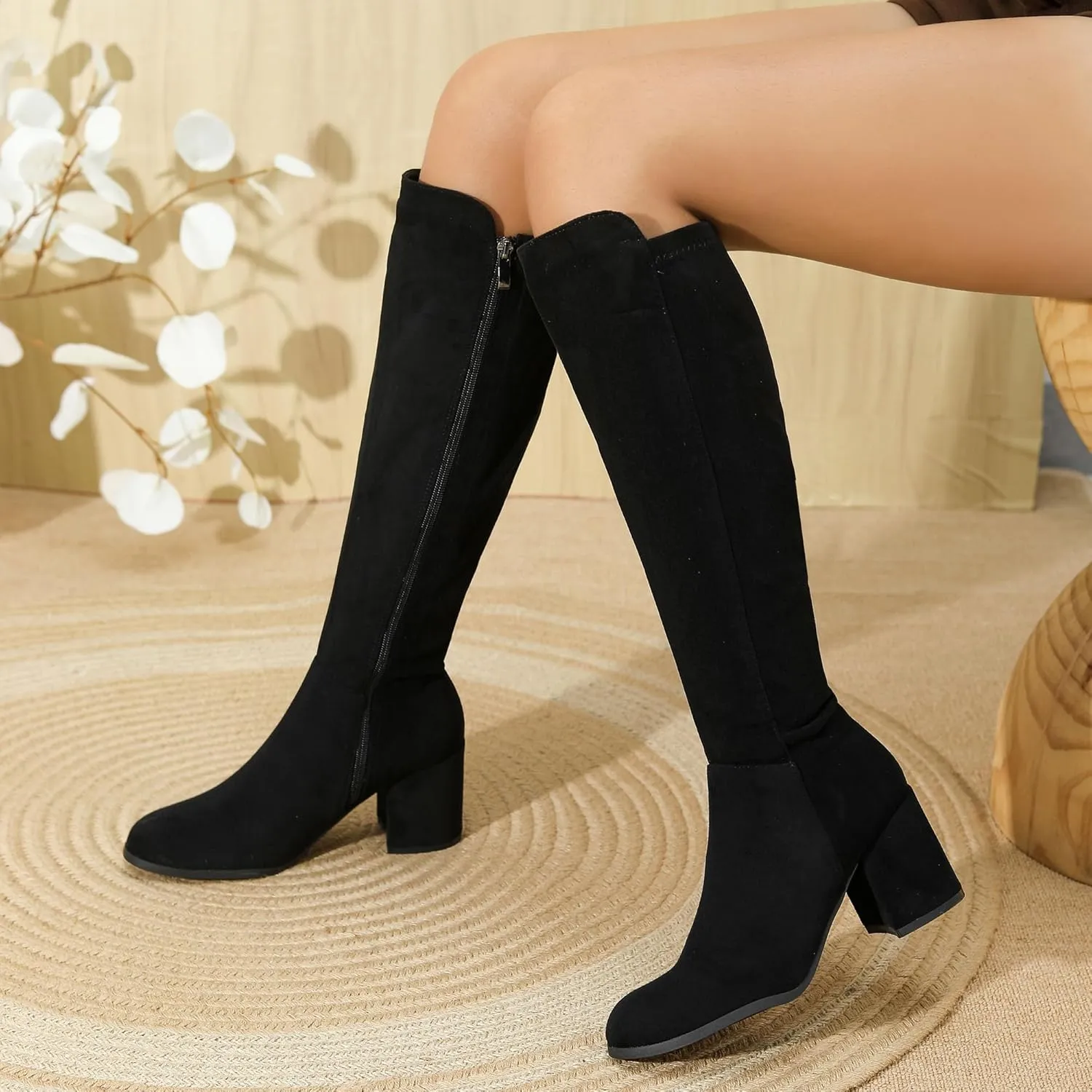 Women's Knee High Boots,Round Toe Stretchy Fashion Boots for Women, Low Block Heel Zipper Tall Boots for Wedding/Birthday Party/Date Dress
