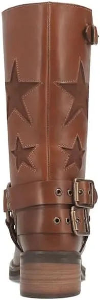 Women's Knee High Riding Boots Square Toe Chunky Block Heel Fashion Buckle Motocycle Biker Boots with Stars