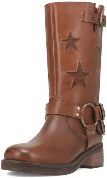 Women's Knee High Riding Boots Square Toe Chunky Block Heel Fashion Buckle Motocycle Biker Boots with Stars