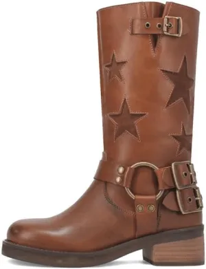 Women's Knee High Riding Boots Square Toe Chunky Block Heel Fashion Buckle Motocycle Biker Boots with Stars