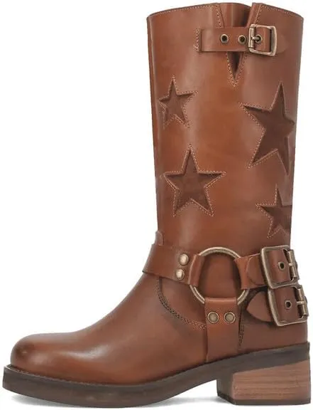 Women's Knee High Riding Boots Square Toe Chunky Block Heel Fashion Buckle Motocycle Biker Boots with Stars