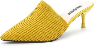 Women's Knit Closed Pointed Toe Kitten Heels Mules Fashion Breathable Mesh Slip On Stiletto Pumps Sandals for Party Prom Date Dressy Slides