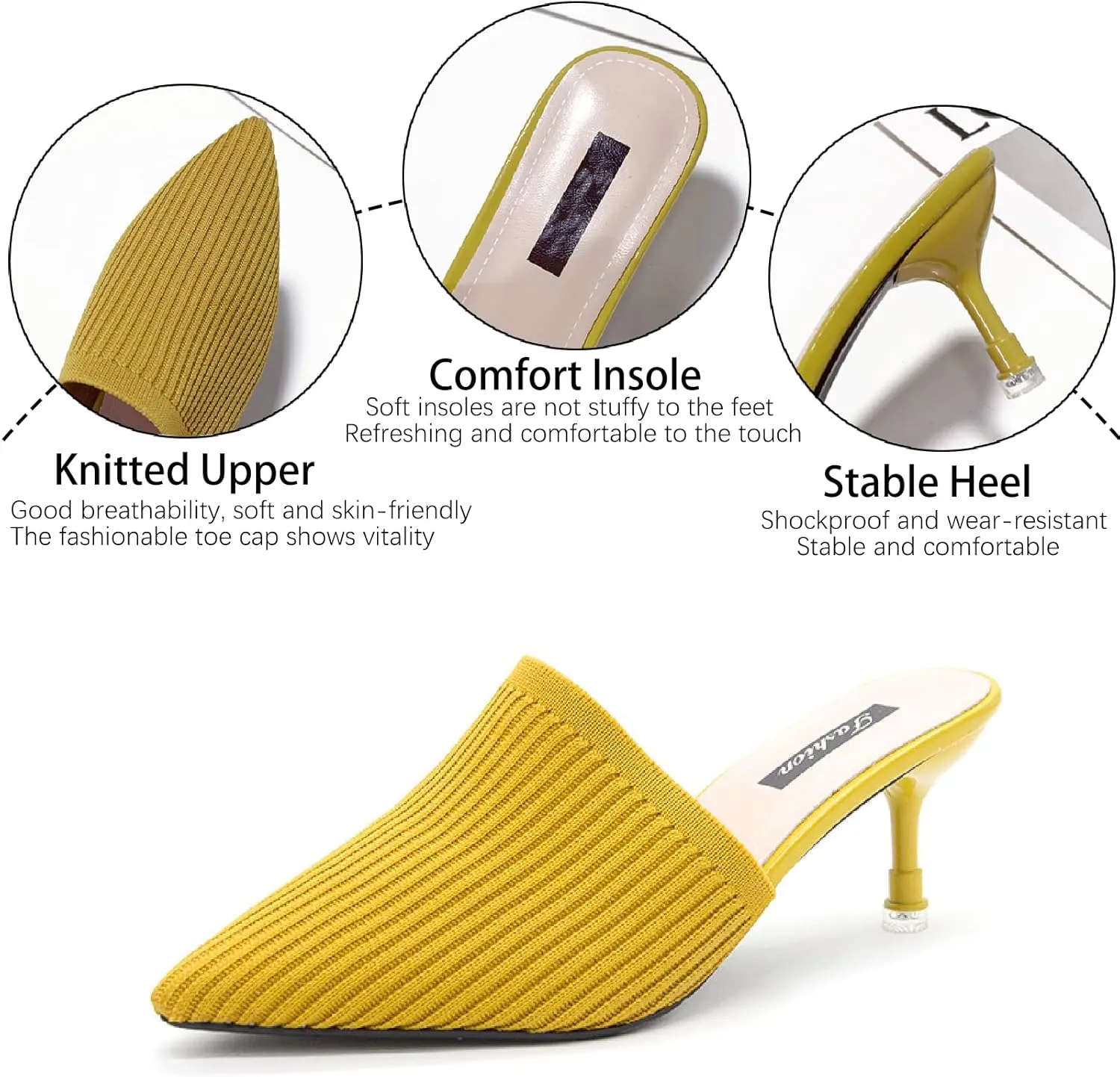 Women's Knit Closed Pointed Toe Kitten Heels Mules Fashion Breathable Mesh Slip On Stiletto Pumps Sandals for Party Prom Date Dressy Slides