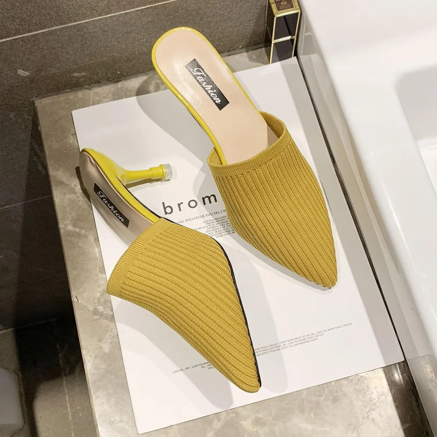 Women's Knit Closed Pointed Toe Kitten Heels Mules Fashion Breathable Mesh Slip On Stiletto Pumps Sandals for Party Prom Date Dressy Slides